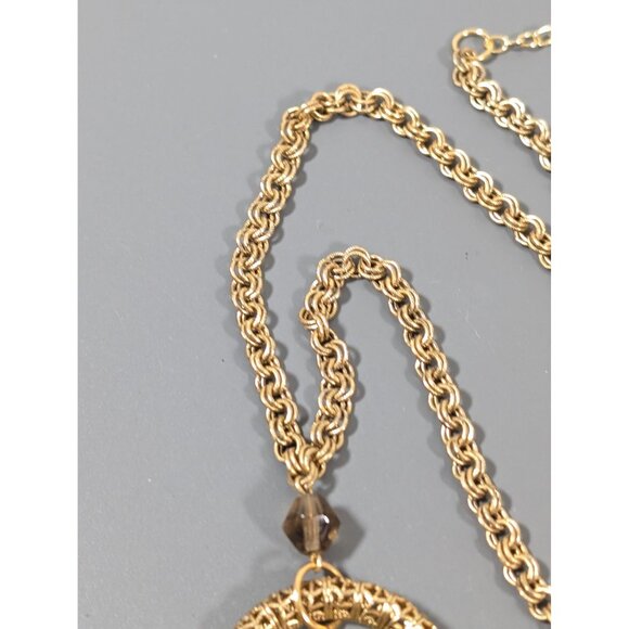 Retro Gold Tone Brown Glass Chain Tassel Necklace Rolo Link Boho 18" - Picture 6 of 9